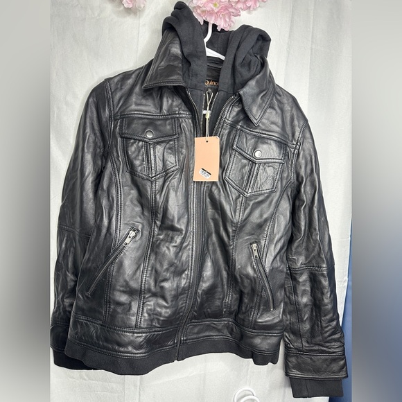 Quince Other - Quince Men's Black  100% washed Leather Jacket with Hooded